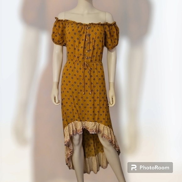 Louise Paris Dresses & Skirts - VTG Y2k Mustard Floral Ruffle Off Shoulder High-Low Prairie Boho Dress